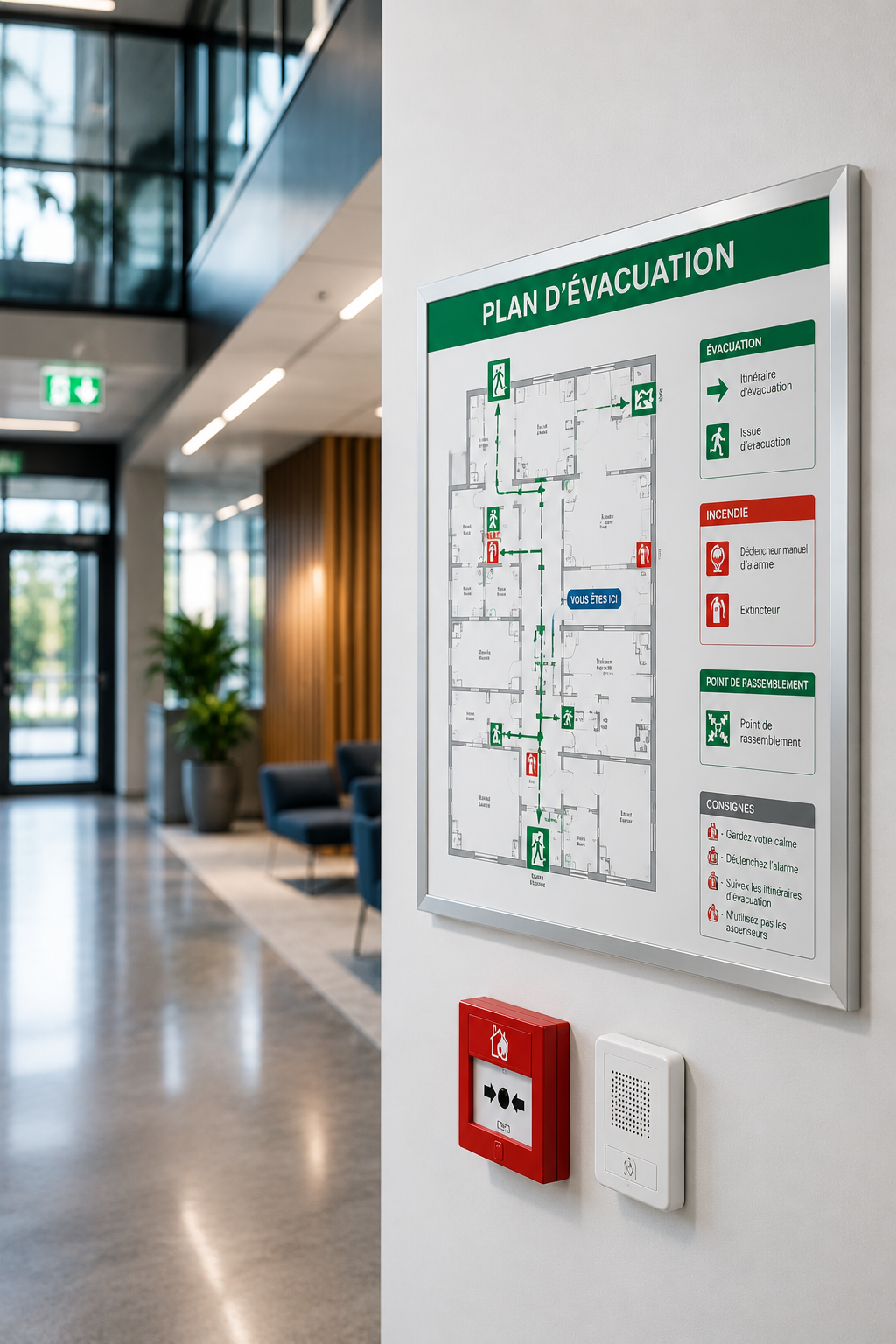 Plan d'évacuation professionnel affiché en intérieur