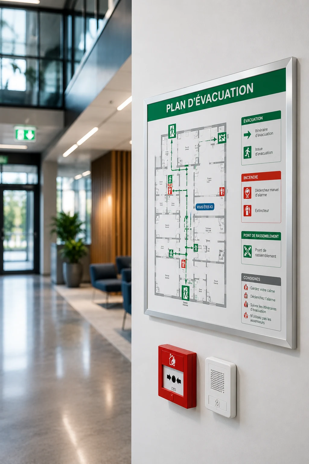 Plan d'évacuation professionnel affiché en intérieur